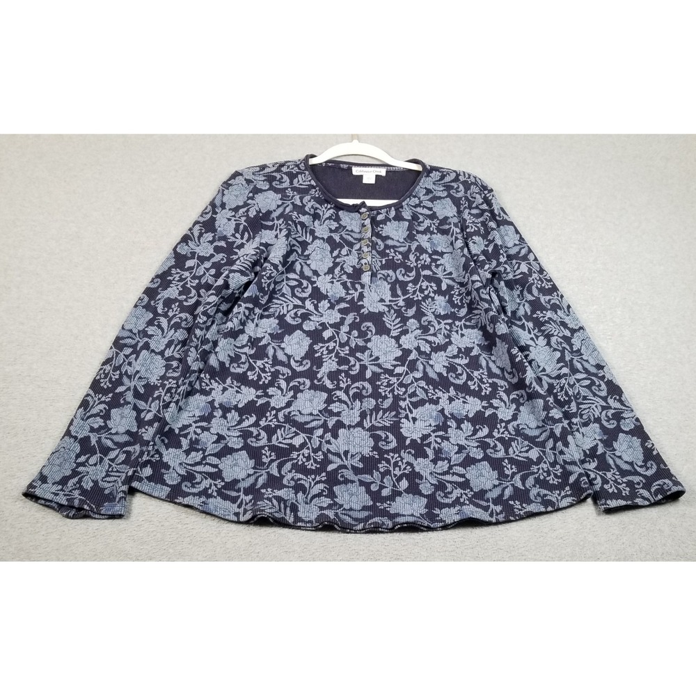 Coldwater Creek Henley Top Womens L Large Blue Floral Waffle Knit Long Sleeves